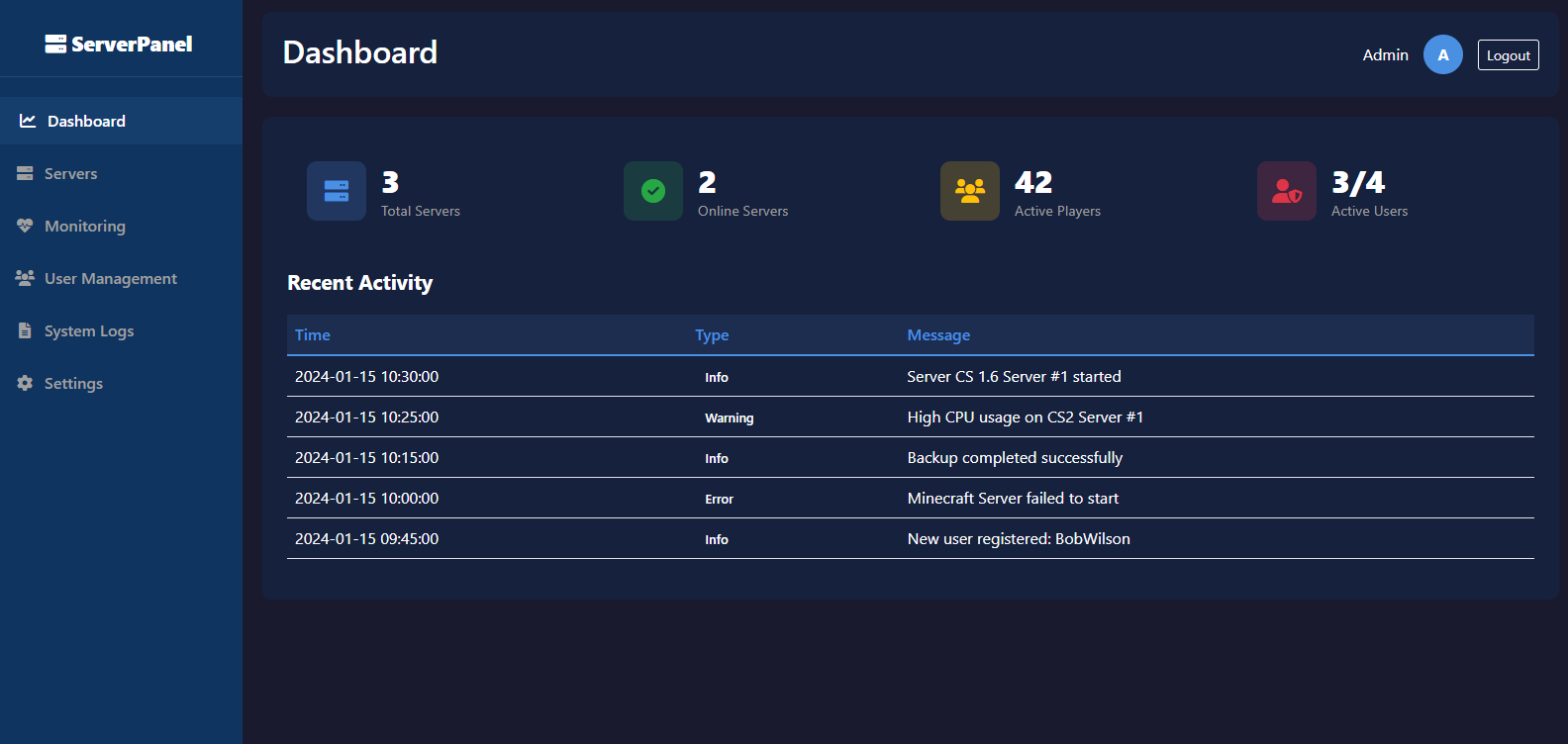 Server Management Dashboard